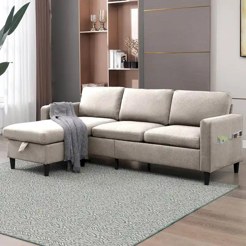 Divano componibile a L convertibile Mixoy a 3 posti con pouf contenitore, chaise longue reversibile - 218 cm x 71 cm x 78 cm