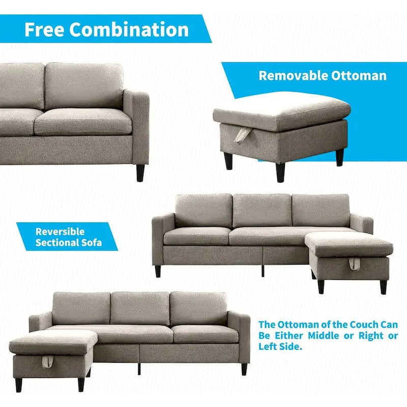 Divano componibile a L convertibile Mixoy a 3 posti con pouf contenitore, chaise longue reversibile - 218 cm x 71 cm x 78 cm