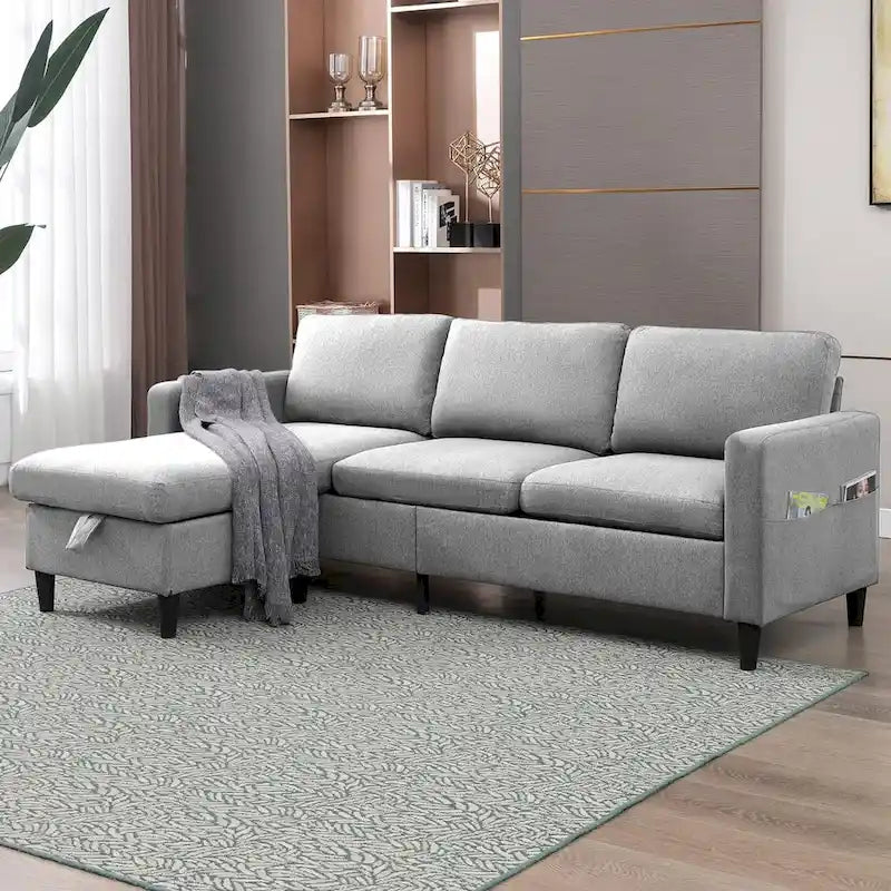 Divano componibile a L convertibile Mixoy a 3 posti con pouf contenitore, chaise longue reversibile - 218 cm x 71 cm x 78 cm