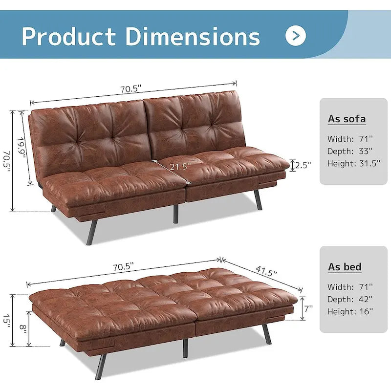 Divano Letto Futon, Divano Pieghevole in Memory Foam Convertibile per Due Posti Letto con Braccioli Regolabili per Piccoli Spazi