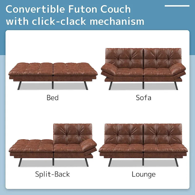 Divano Letto Futon, Divano Pieghevole in Memory Foam Convertibile per Due Posti Letto con Braccioli Regolabili per Piccoli Spazi
