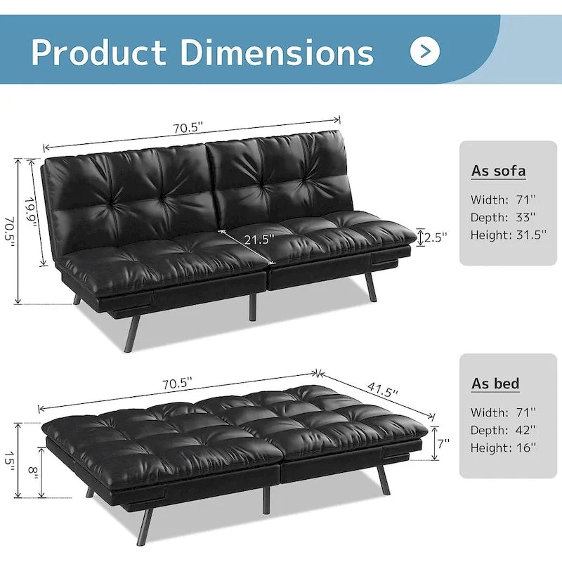 Divano Letto Futon, Divano Pieghevole in Memory Foam Convertibile per Due Posti Letto con Braccioli Regolabili per Piccoli Spazi