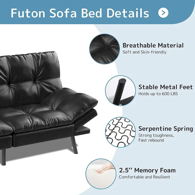 Divano Letto Futon, Divano Pieghevole in Memory Foam Convertibile per Due Posti Letto con Braccioli Regolabili per Piccoli Spazi