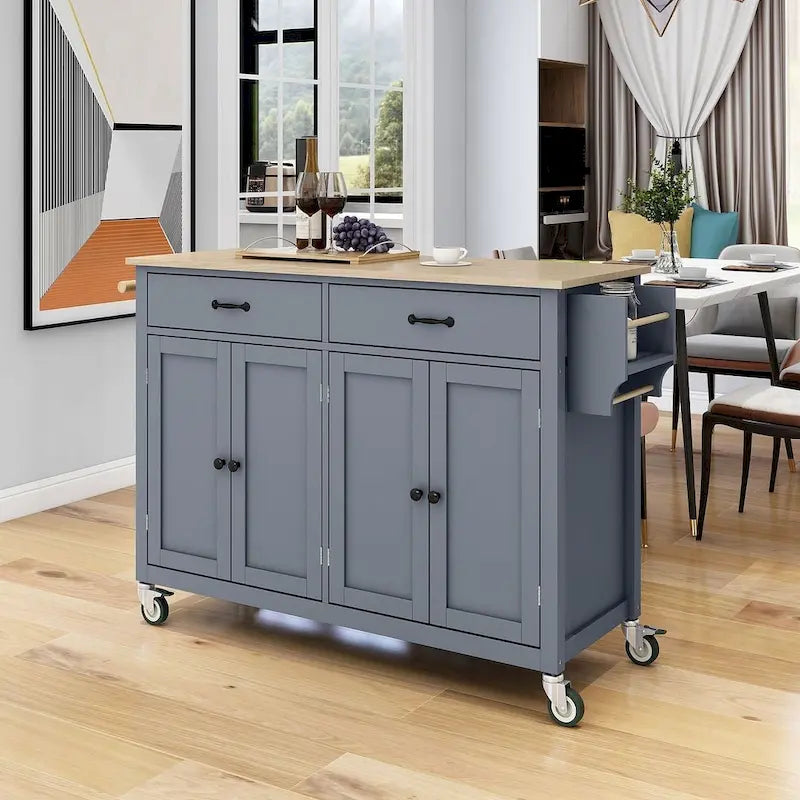 Carrello da cucina con ripiano in legno massiccio da 54,3" con mobile a 4 ante e 2 cassetti