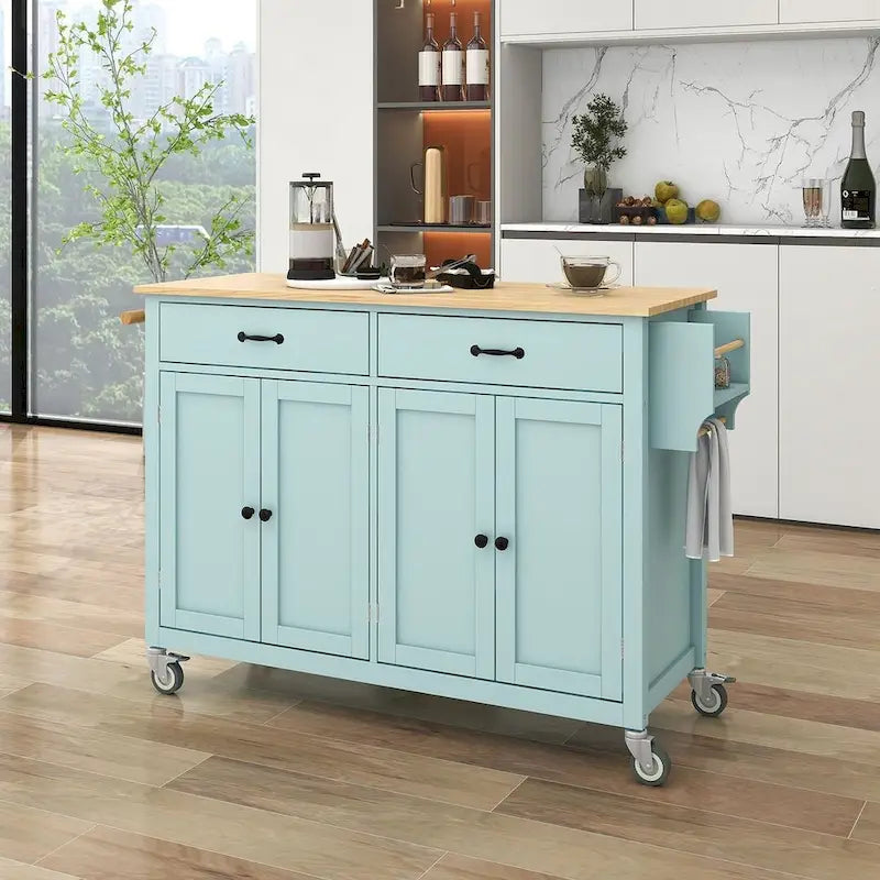 Carrello da cucina con ripiano in legno massiccio da 54,3" con mobile a 4 ante e 2 cassetti
