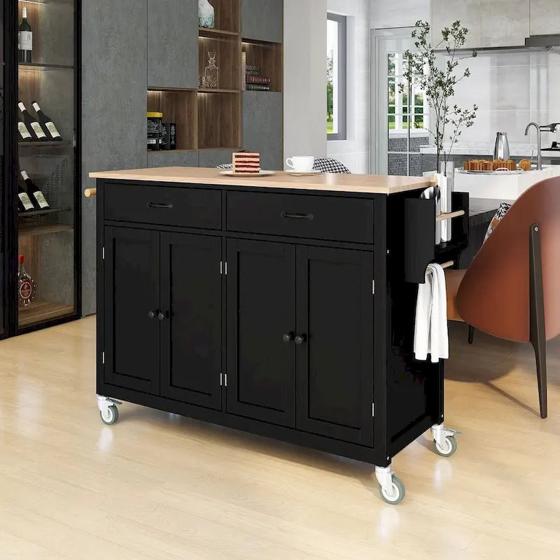 Carrello da cucina con ripiano in legno massiccio da 54,3" con mobile a 4 ante e 2 cassetti