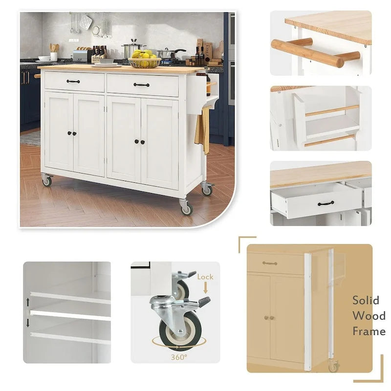 Carrello da cucina con ripiano in legno massiccio da 54,3" con mobile a 4 ante e 2 cassetti
