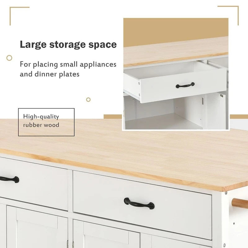 Carrello da cucina con ripiano in legno massiccio da 54,3" con mobile a 4 ante e 2 cassetti