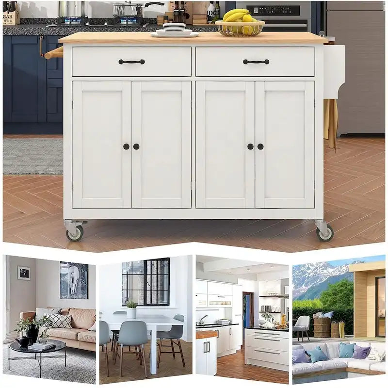 Carrello da cucina con ripiano in legno massiccio da 54,3" con mobile a 4 ante e 2 cassetti