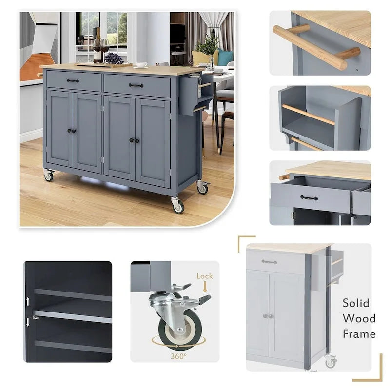 Carrello da cucina con ripiano in legno massiccio da 54,3" con mobile a 4 ante e 2 cassetti