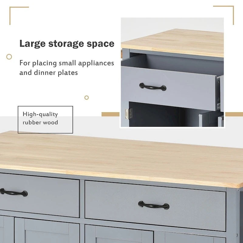 Carrello da cucina con ripiano in legno massiccio da 54,3" con mobile a 4 ante e 2 cassetti