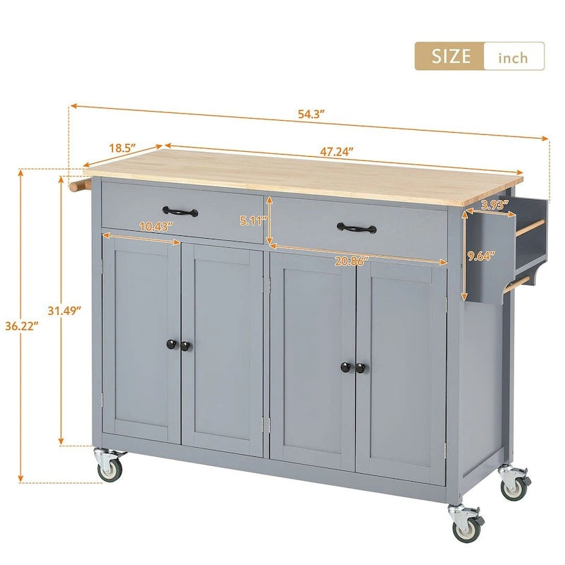 Carrello da cucina con ripiano in legno massiccio da 54,3" con mobile a 4 ante e 2 cassetti