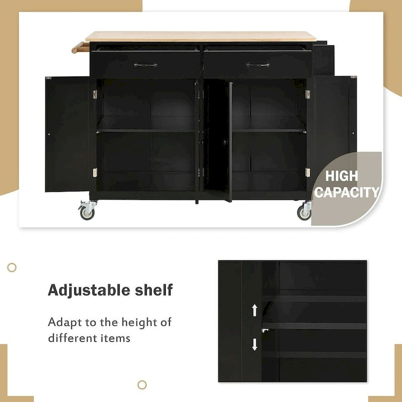 Carrello da cucina con ripiano in legno massiccio da 54,3" con mobile a 4 ante e 2 cassetti