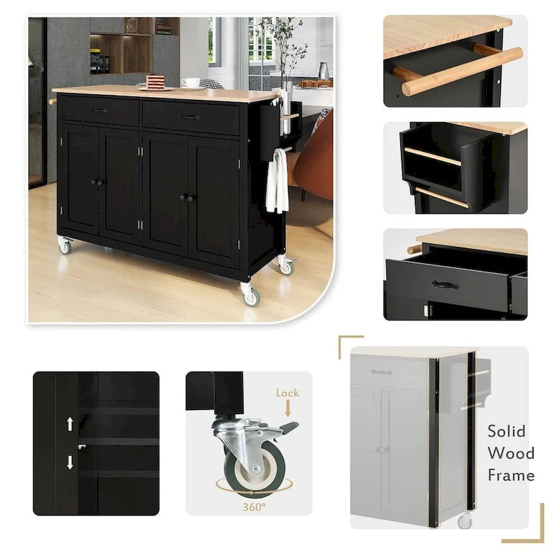 Carrello da cucina con ripiano in legno massiccio da 54,3" con mobile a 4 ante e 2 cassetti