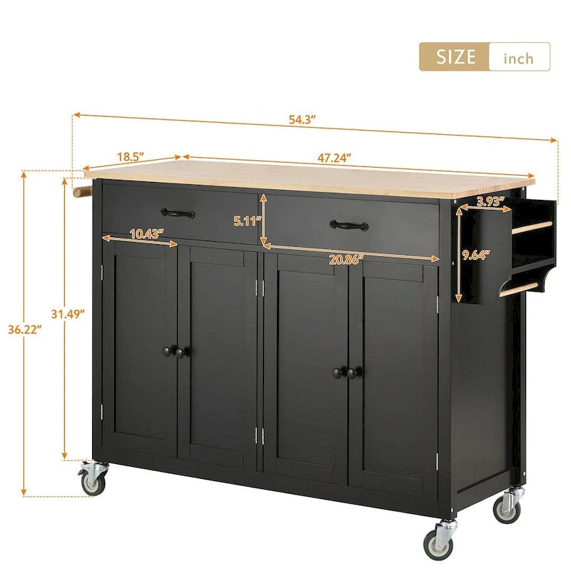 Carrello da cucina con ripiano in legno massiccio da 54,3" con mobile a 4 ante e 2 cassetti