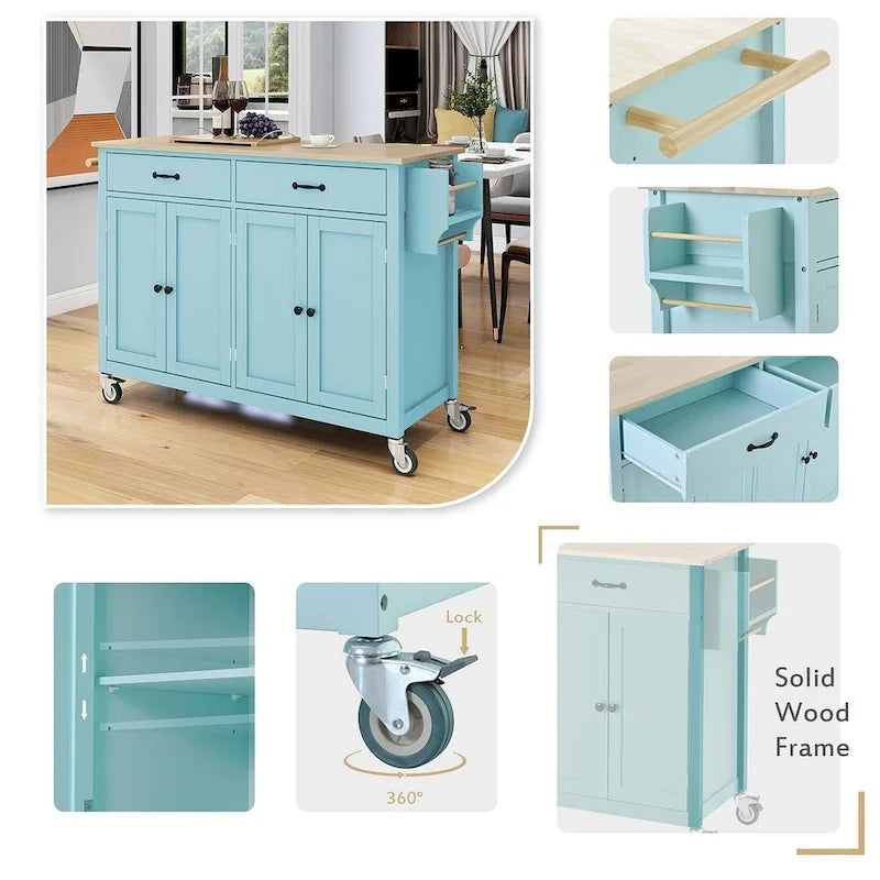 Carrello da cucina con ripiano in legno massiccio da 54,3" con mobile a 4 ante e 2 cassetti