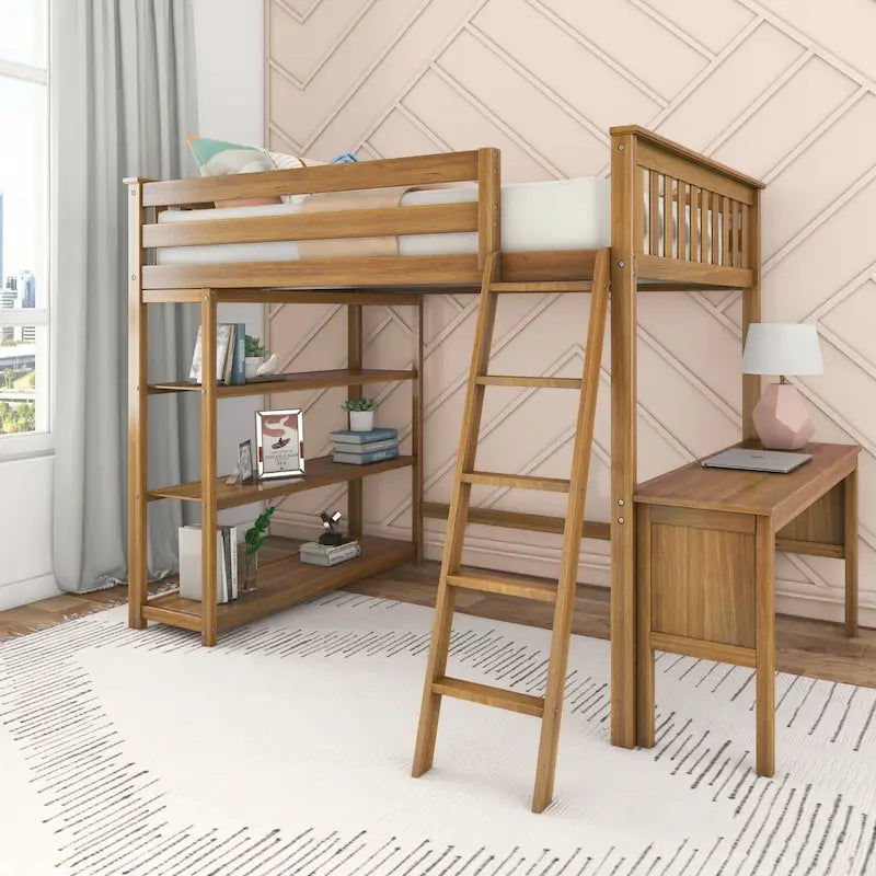Letto a soppalco alto full-size con libreria e scrivania