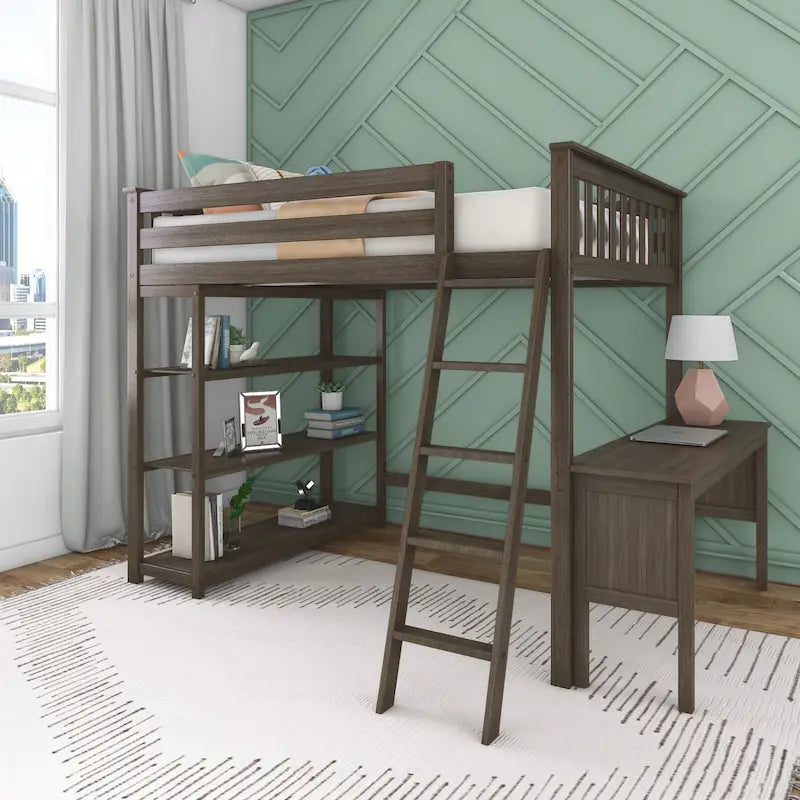 Letto a soppalco alto full-size con libreria e scrivania