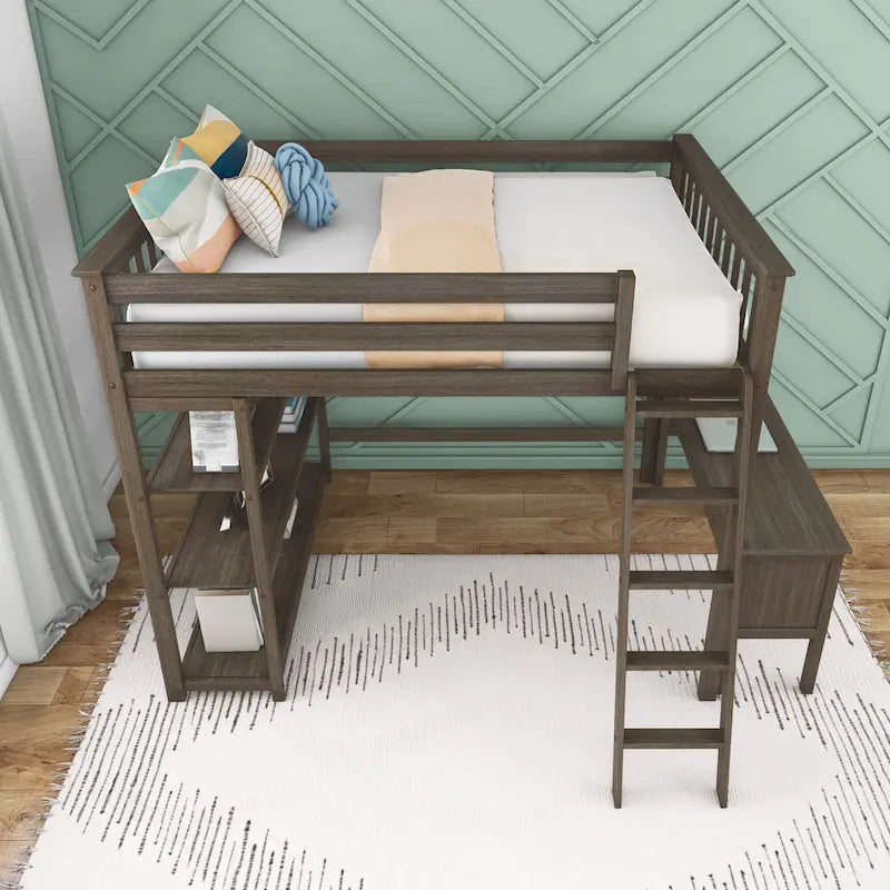 Letto a soppalco alto full-size con libreria e scrivania