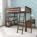 Letto a soppalco alto full-size con libreria e scrivania