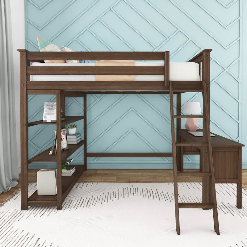 Letto a soppalco alto full-size con libreria e scrivania