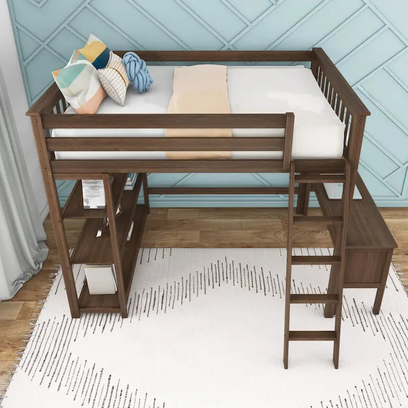 Letto a soppalco alto full-size con libreria e scrivania
