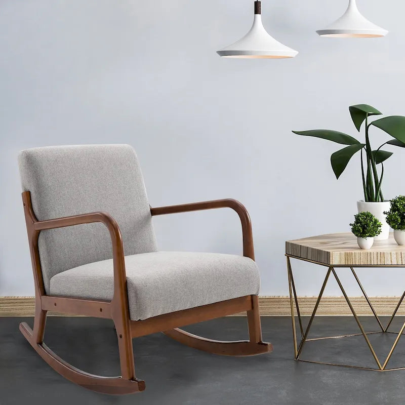 HOMCOM Sedia a Dondolo con Base Curva in Legno, Sedia a Dondolo in Tessuto con Seduta Imbottita per Casa Camera da Letto Salotto Relax