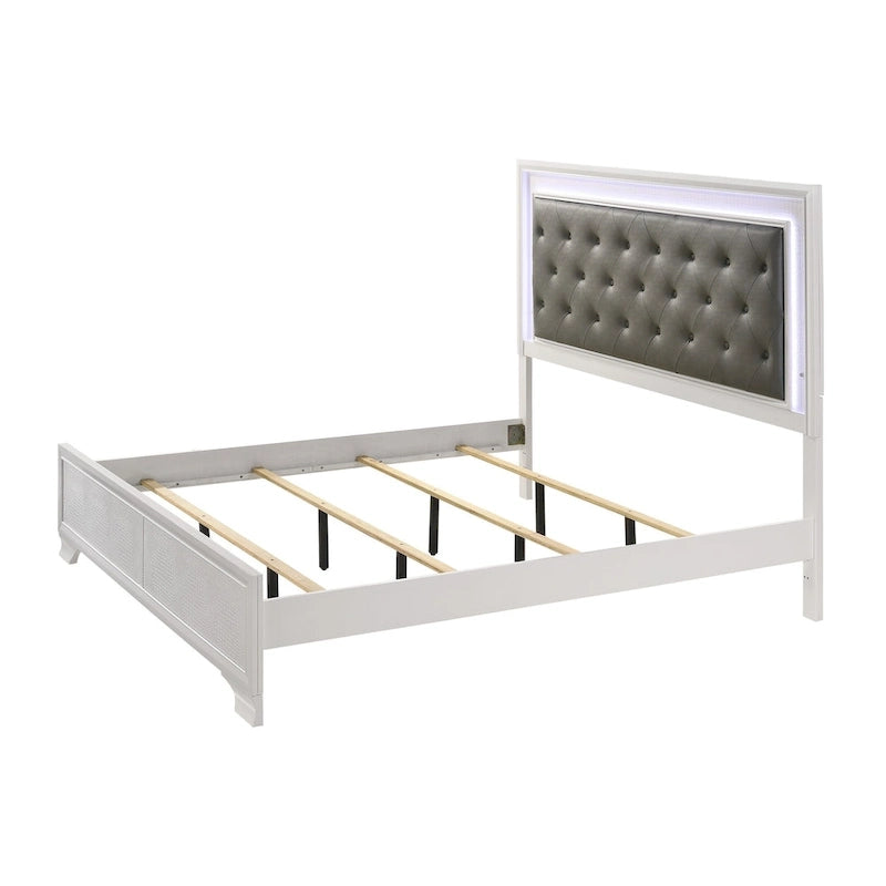 Set camera da letto Kym 4 pezzi Frost a pannelli imbottiti in ecopelle con LED e capitonné