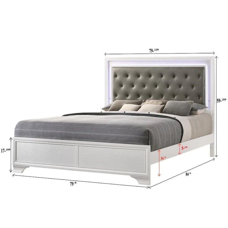 Set camera da letto Kym 4 pezzi Frost a pannelli imbottiti in ecopelle con LED e capitonné