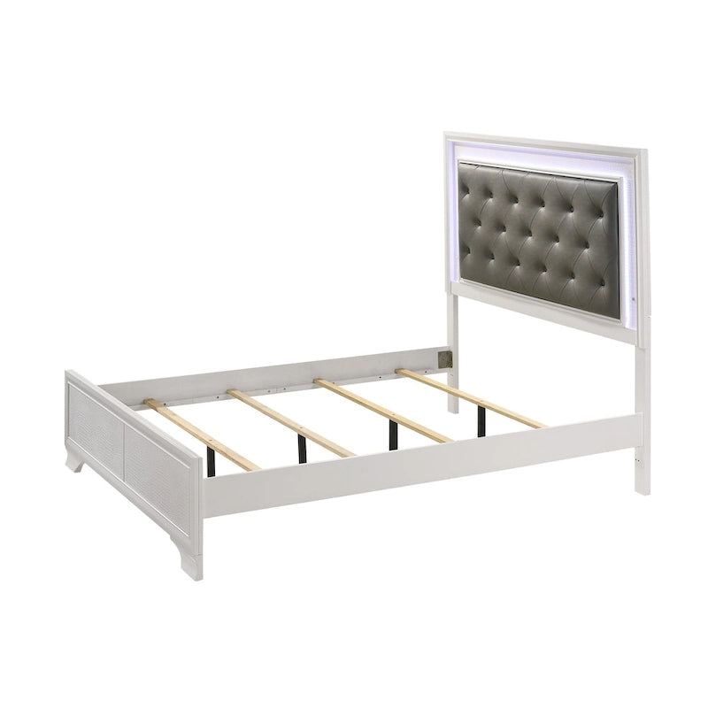 Set camera da letto Kym 4 pezzi Frost a pannelli imbottiti in ecopelle con LED e capitonné