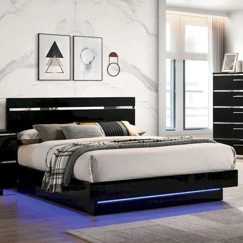 Benvolio Set Letto Pannellato a 3 Pezzi in Legno Nero Contemporaneo con LED e 2 Comodini con Porta USB di Furniture of America