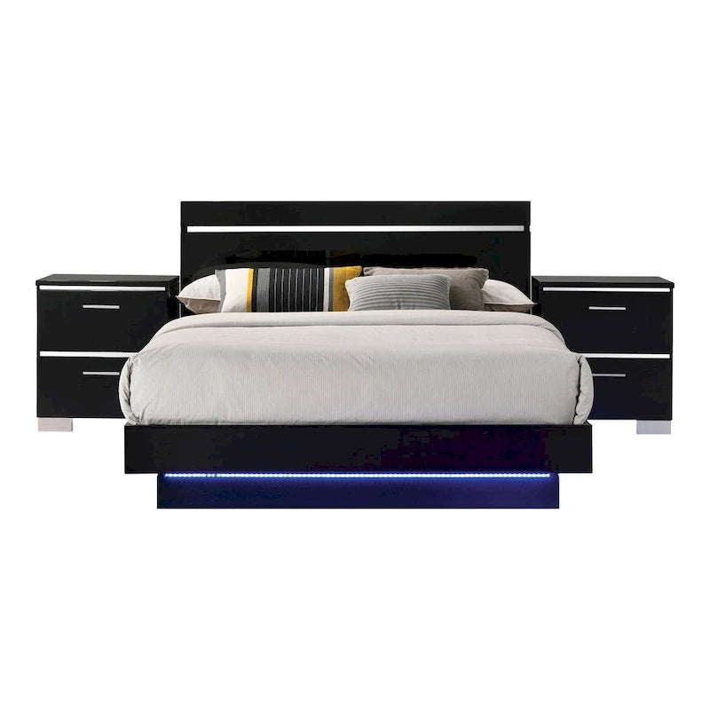 Benvolio Set Letto Pannellato a 3 Pezzi in Legno Nero Contemporaneo con LED e 2 Comodini con Porta USB di Furniture of America