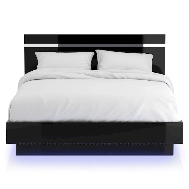 Benvolio Set Letto Pannellato a 3 Pezzi in Legno Nero Contemporaneo con LED e 2 Comodini con Porta USB di Furniture of America