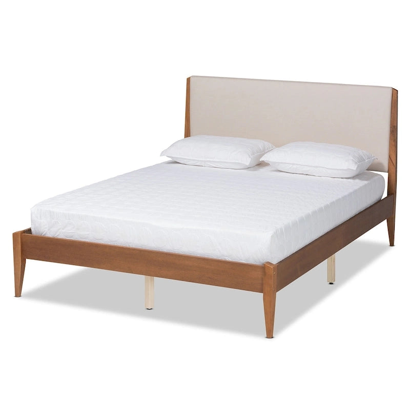 Letto a piattaforma in tessuto imbottito in legno Lenora Mid-Century Modern - Beige