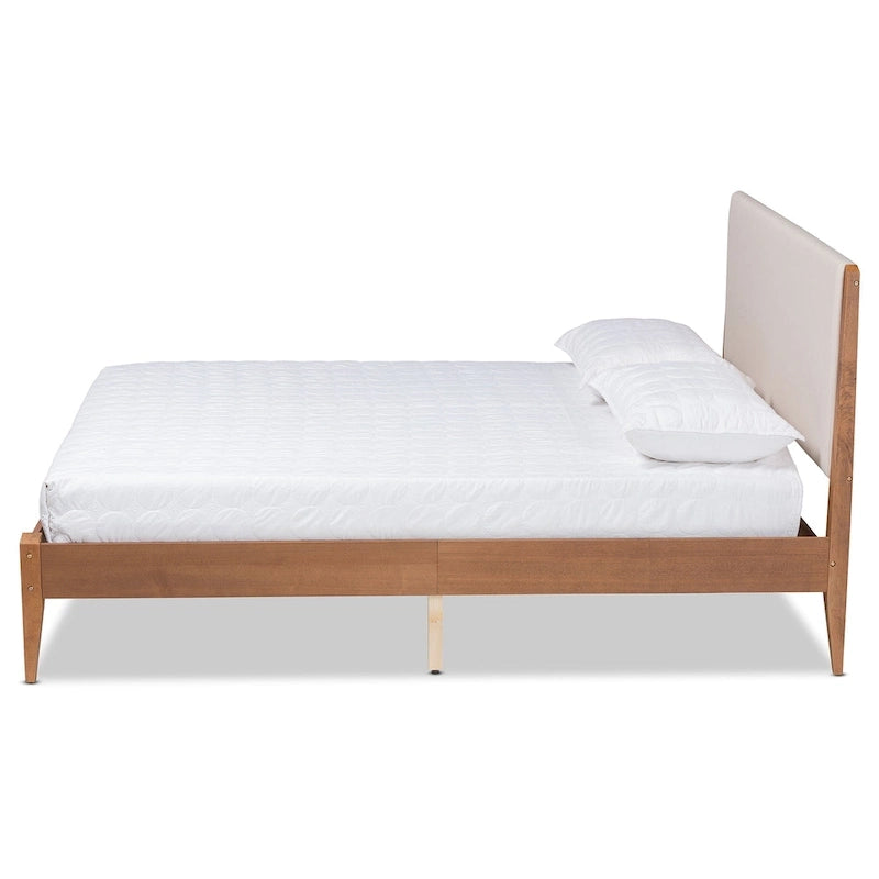 Letto a piattaforma in tessuto imbottito in legno Lenora Mid-Century Modern - Beige
