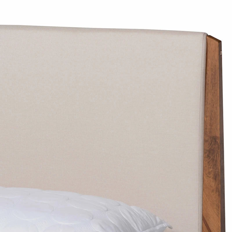 Letto a piattaforma in tessuto imbottito in legno Lenora Mid-Century Modern - Beige