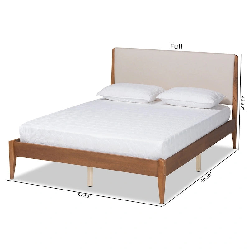 Letto a piattaforma in tessuto imbottito in legno Lenora Mid-Century Modern - Beige