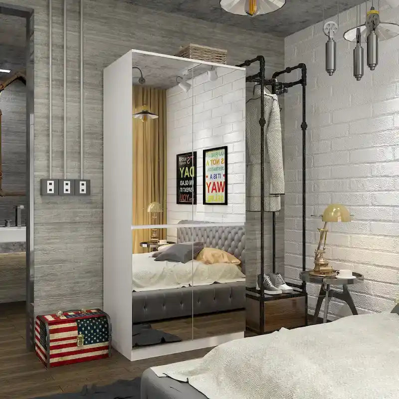 Armadio a specchio modulare, bianco, per camera da letto, con ante a battente