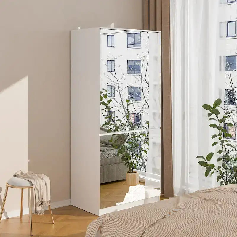 Armadio a specchio modulare, bianco, per camera da letto, con ante a battente
