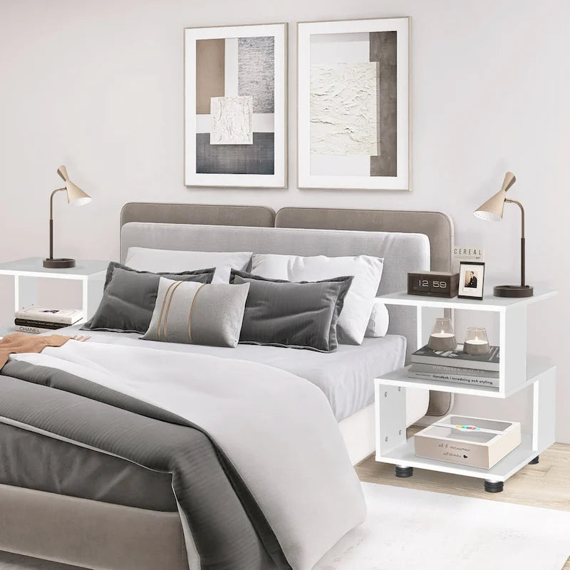 Comodini Moderni a Cubo Magico a 2 Livelli con Design a Rettangolo Cavo – Tavolino Contenitore per Camera da Letto Contemporanea
