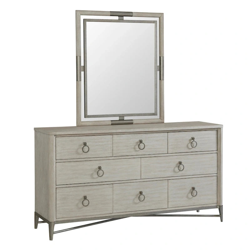 Set camera da letto Roundhill Furniture Mantalia in legno massello, letto a pannelli, cassettiera, specchio, 2 comodini, comò e panca, color champagne