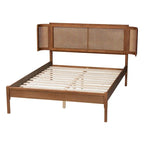 Letto a piattaforma in legno rifinito noce e rattan naturale Eridian Mid-Century Modern
