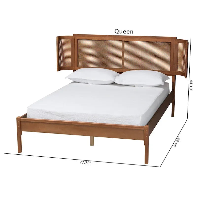 Letto a piattaforma in legno rifinito noce e rattan naturale Eridian Mid-Century Modern