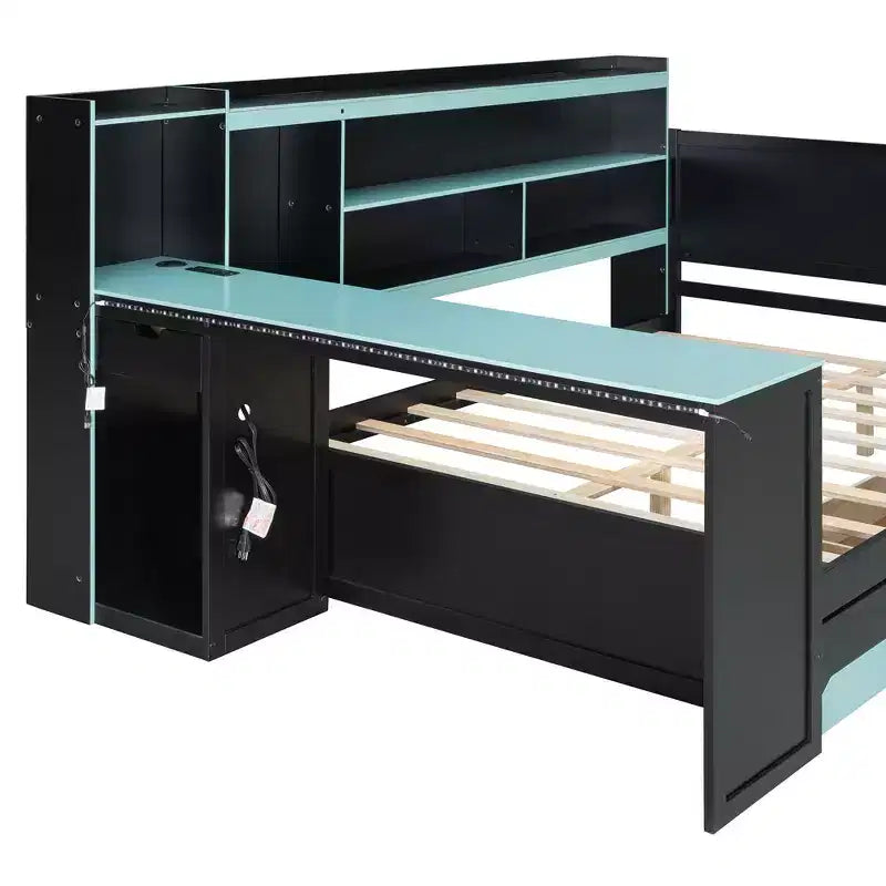 Daybed da gioco completo/queen size con testiera libreria, luci LED, scrivania integrata, cassetti e stazione di ricarica