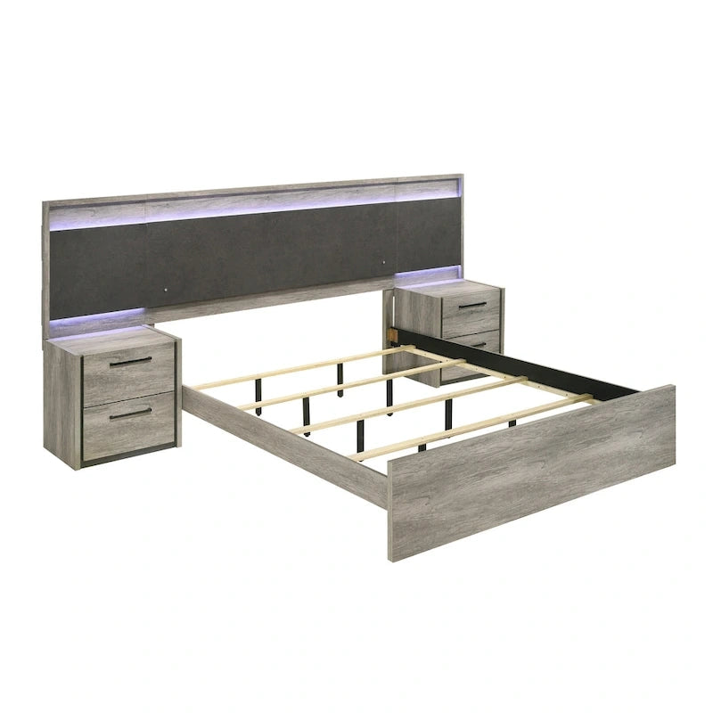 Letto a scomparsa Lenca LED di Roundhill Furniture con comodini, cassettiera e specchio - Grigio invecchiato
