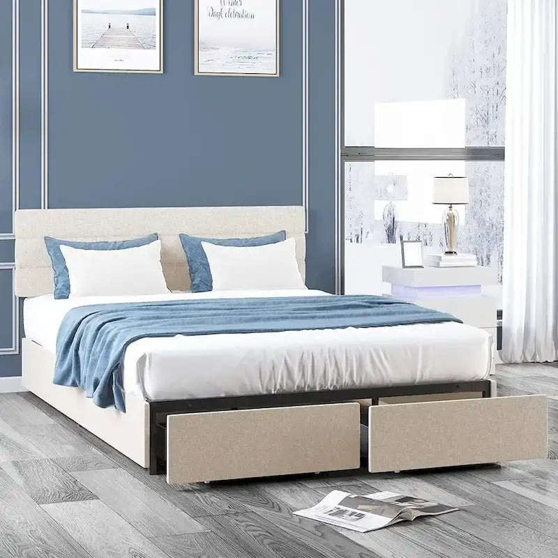 Mixoy Telaio Letto Matrimoniale/Queen/King, con Testiera, Non Richiede Rete a Molle, Telaio Letto Imbottito per Camera da Letto