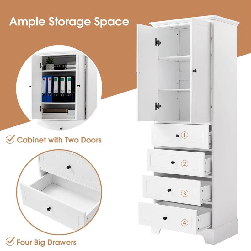 Mobiletto Contenitore con 2 Ante e 4 Cassetti per Bagno, Ripiano Regolabile, Pannello in MDF con Finitura Verniciata