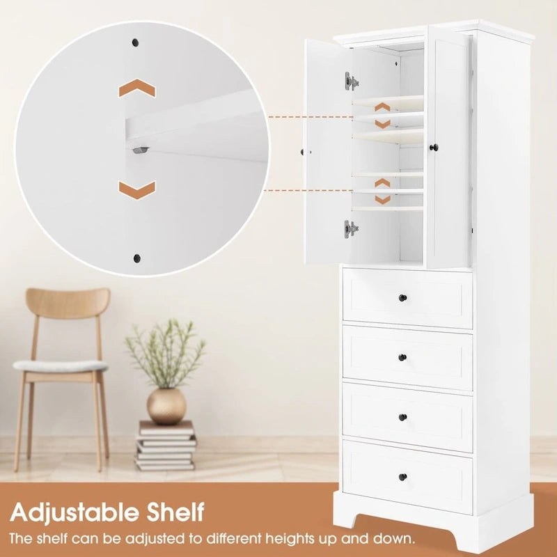 Mobiletto Contenitore con 2 Ante e 4 Cassetti per Bagno, Ripiano Regolabile, Pannello in MDF con Finitura Verniciata