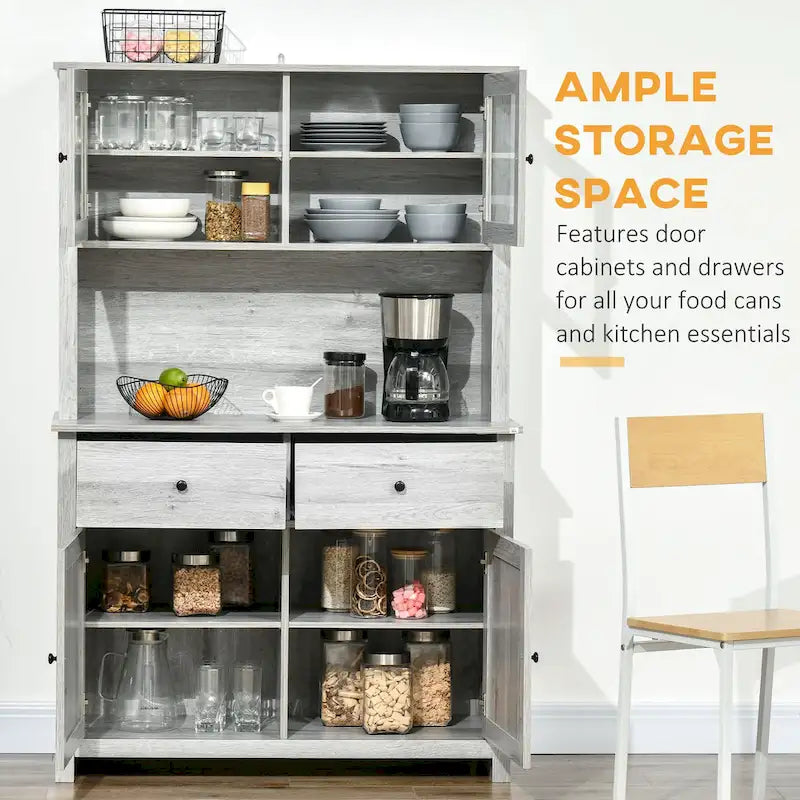 HOMCOM Credenza da Cucina 63.5 con Vetrinetta, Mobile Dispensa con 4 Ripiani, Cassetti, Ante in Vetro Intelaiate