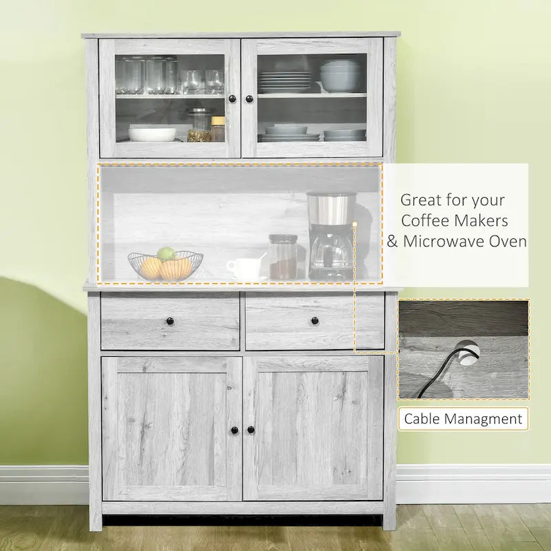 HOMCOM Credenza da Cucina 63.5 con Vetrinetta, Mobile Dispensa con 4 Ripiani, Cassetti, Ante in Vetro Intelaiate